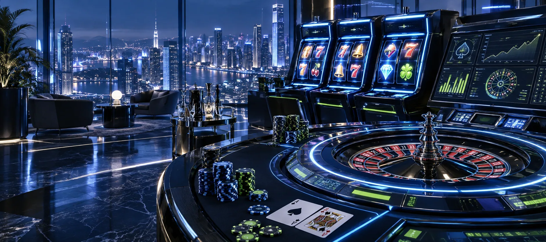 Futuristic casino command lounge with slot machines, roulette table, cards and chips
