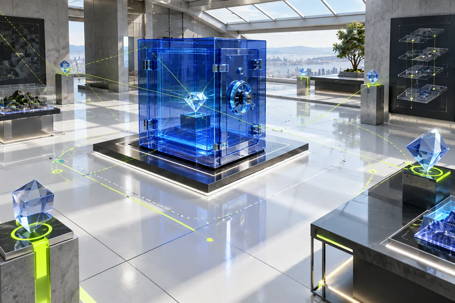 Translucent cobalt security lab representing Le Bandit mechanics
