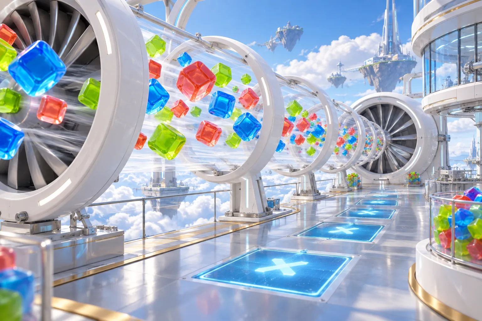Candy cubes in a sky wind tunnel representing Sugar Rush 1000