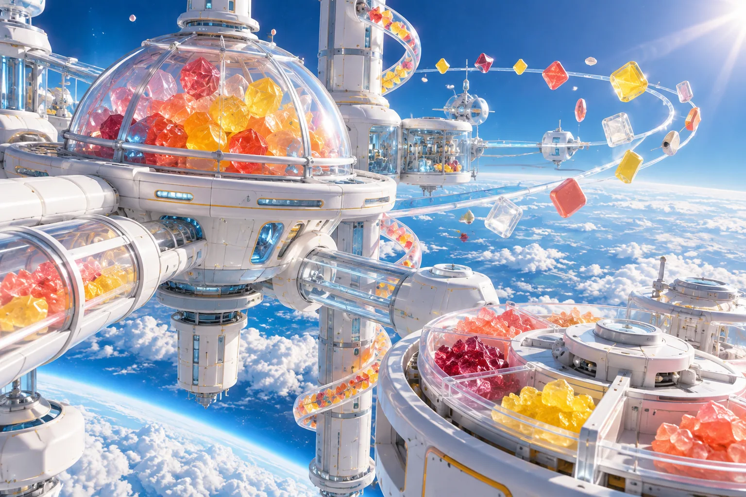 Orbital confection station representing Sweet Bonanza 1000 mechanics